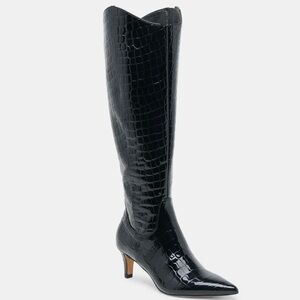 Black Croc-Embossed Knee-High Boots